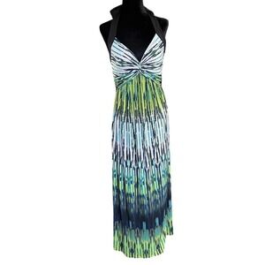 Donna Morgan Green Blue Halter Empire Knot Long Length Maxi Dress Size 6 EUC